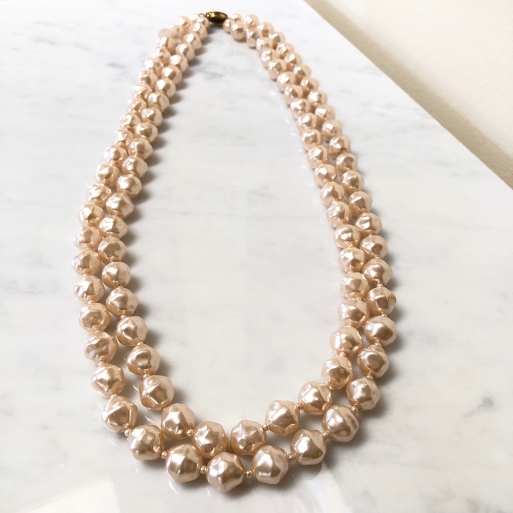 Vintage Irregular Faux Pearl Double-Strand Beaded Necklace Champagne 29"L & 32"L